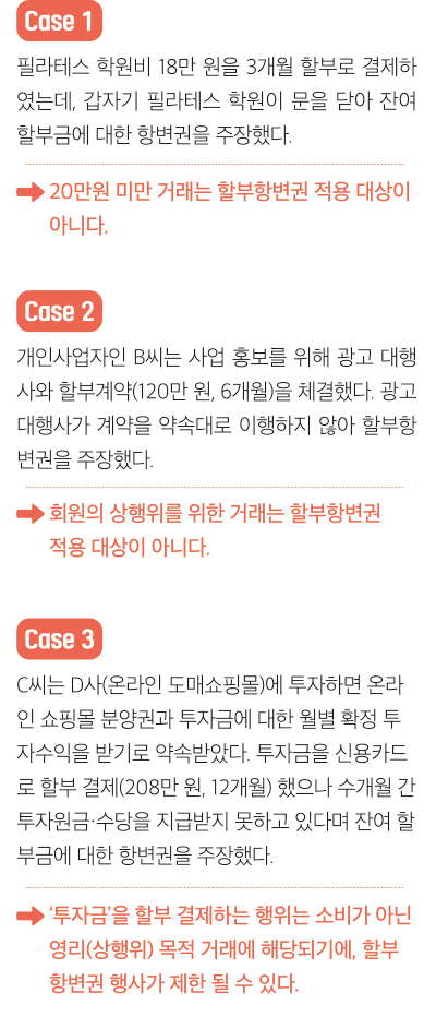 필라테스 학원비 18만 원을 3개월 할부로 결제하였는데, 갑자기 필라테스 학원이 문을 닫아 잔여할부금에 대한 항변권을 주장했다. 20만원 미만 거래는 할부항변권 적용 대상이 아니다. 개인사업자인 B씨는 사업 홍보를 위해 광고 대행사와 할부계약(120만 원, 6개월)을 체결했다. 광고대행사가 계약을 약속대로 이행하지 않아 할부항변권을 주장했다. 회원의 상행위를 위한 거래는 할부항변권  적용 대상이 아니다. C씨는 D사(온라인 도매쇼핑몰)에 투자하면 온라인 쇼핑몰 분양권과 투자금에 대한 월별 확정 투자수익을 받기로 약속받았다. 투자금을 신용카드로 할부 결제(208만 원, 12개월) 했으나 수개월 간투자원금·수당을 지급받지 못하고 있다며 잔여 할부금에 대한 항변권을 주장했다. ‘투자금’을 할부 결제하는 행위는 소비가 아닌 영리(상행위) 목적 거래에 해당되기에, 할부항변권 행사가 제한 될 수 있다.